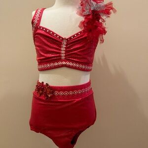 Red Kids Dance Costume with Floral Accents